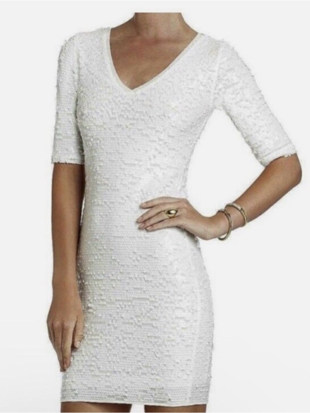 Vintage BCBGMaxAzria White Sequin V-Neck Mini Dress